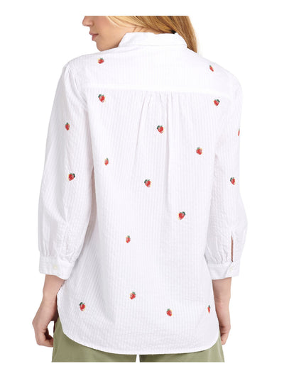 BARBOUR Womens White Textured Embroidered Cuffed Curved Hem Slitted Striped 3/4 Sleeve Collared Button Up Top 6