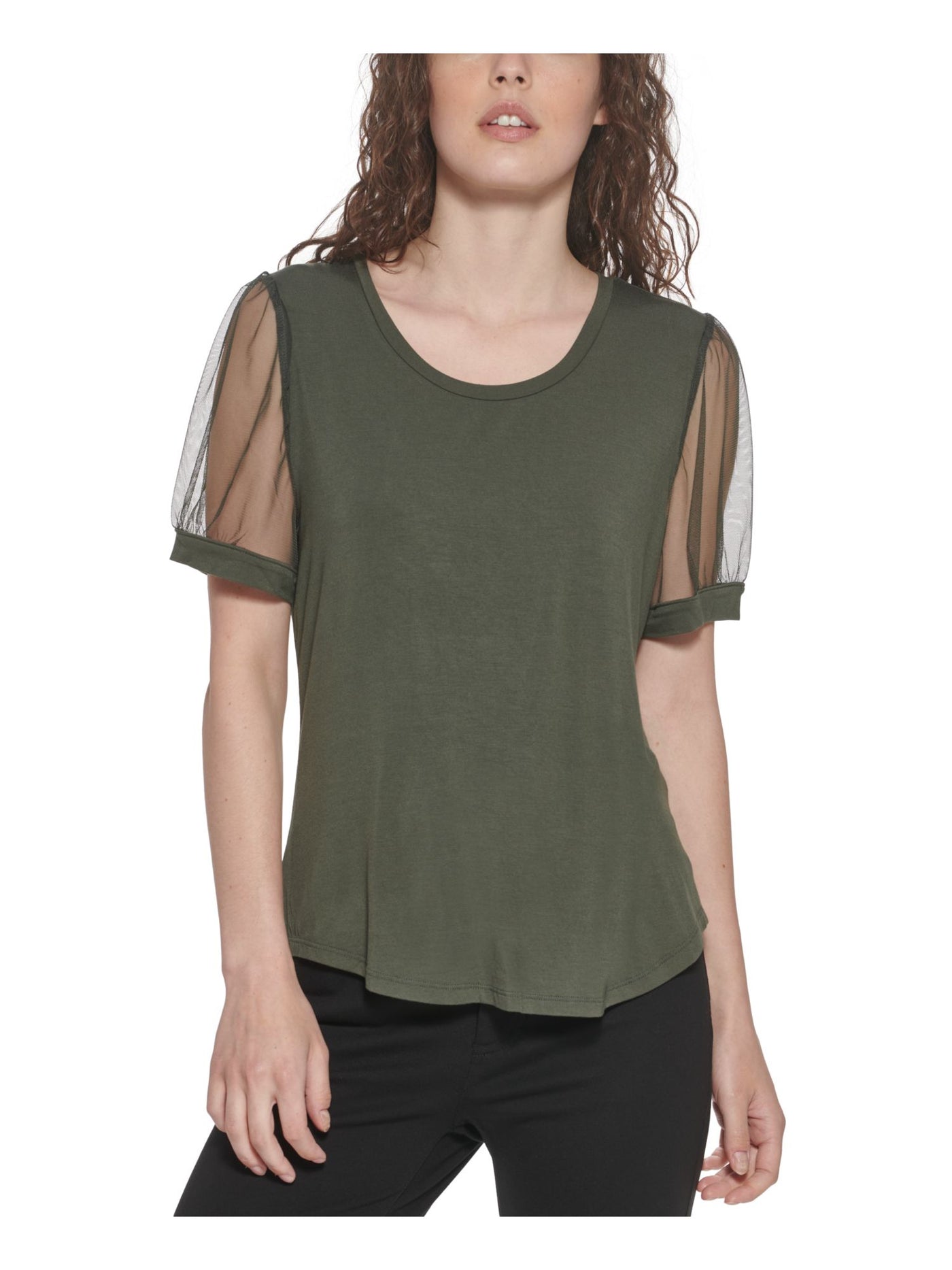 DKNY Womens Green Sheer Metal Logo Pouf Sleeve Round Neck Top M