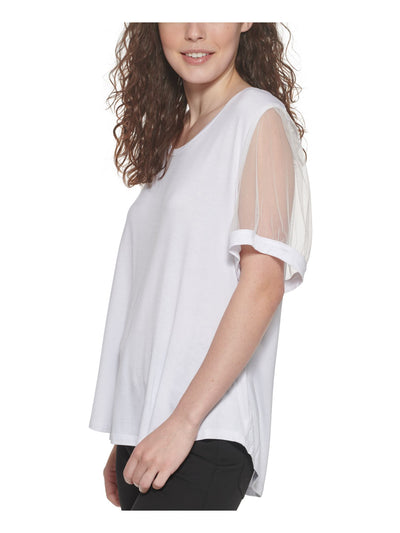 DKNY Womens White Stretch Pouf Sleeve Scoop Neck Top L