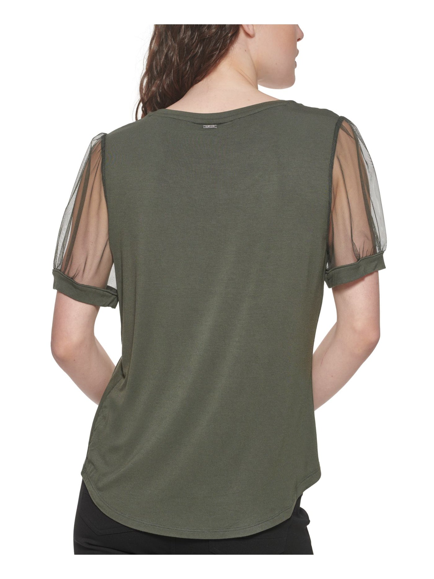 DKNY Womens Green Sheer Metal Logo Pouf Sleeve Round Neck Top M