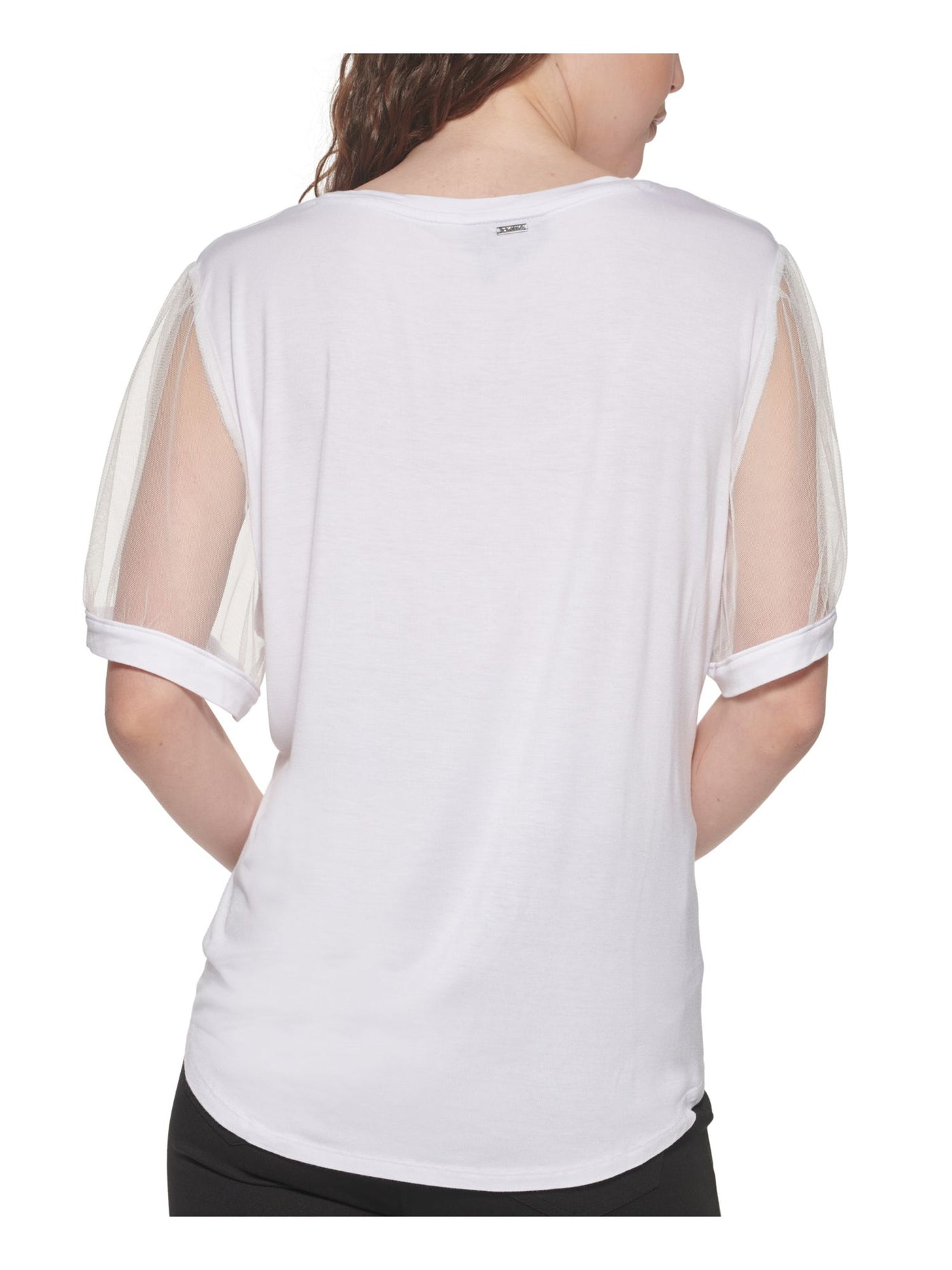 DKNY Womens White Stretch Pouf Sleeve Scoop Neck Top L