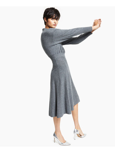ALFANI Womens Textured Ribbed Elastic Waist Long Sleeve Surplice Neckline Knee Length Wear To Work Sheath Dress