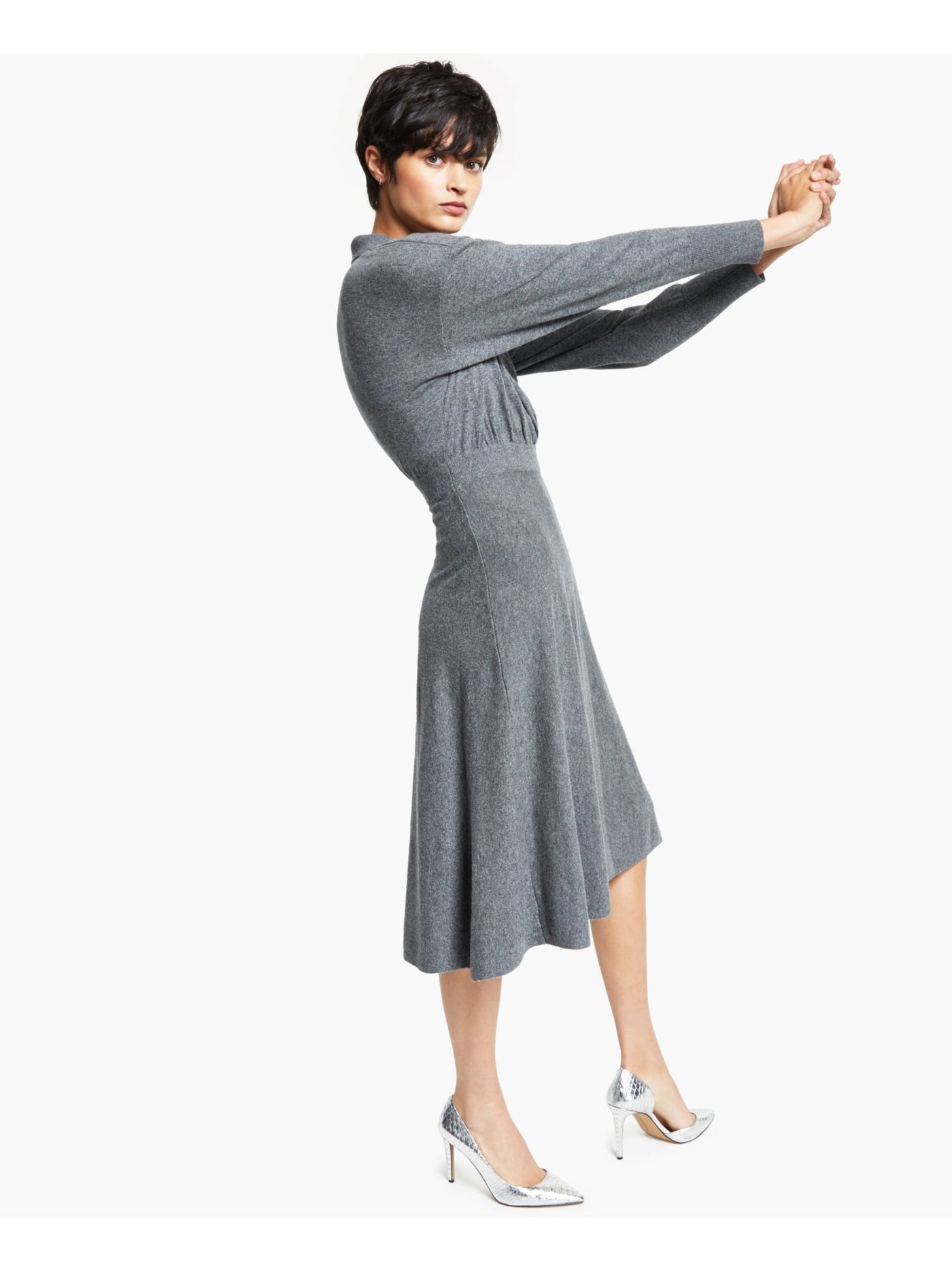 ALFANI Womens Gray Textured Ribbed Elastic Waist Heather Long Sleeve Surplice Neckline Knee Length Wear To Work Sheath Dress Petites PL