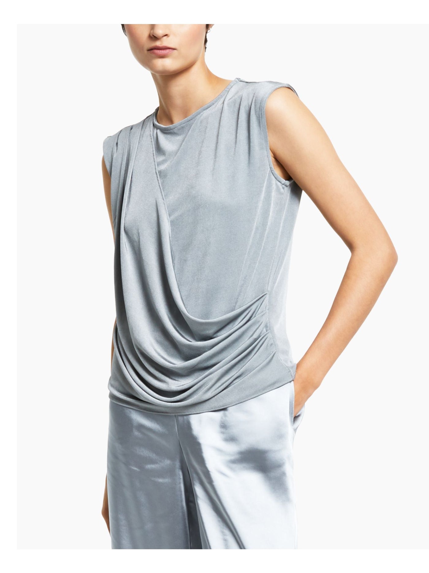 ALFANI Womens Gray Textured Ribbed Asymmetrical Drape Design Sleeveless Jewel Neck Top M