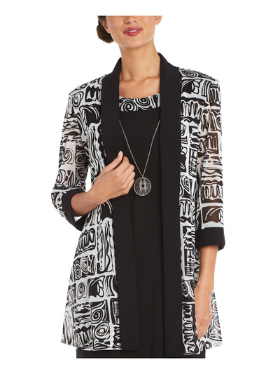 R&M RICHARDS Womens Black Textured Open Front 3/4 Sleeve Sheer Shoulder Pads Printed Jacket Petites 14P