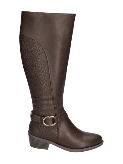 EASY STREET Womens Brown Mixed Media Embossed Comfort Goring Luella Round Toe Block Heel Zip-Up Riding Boot 11 W