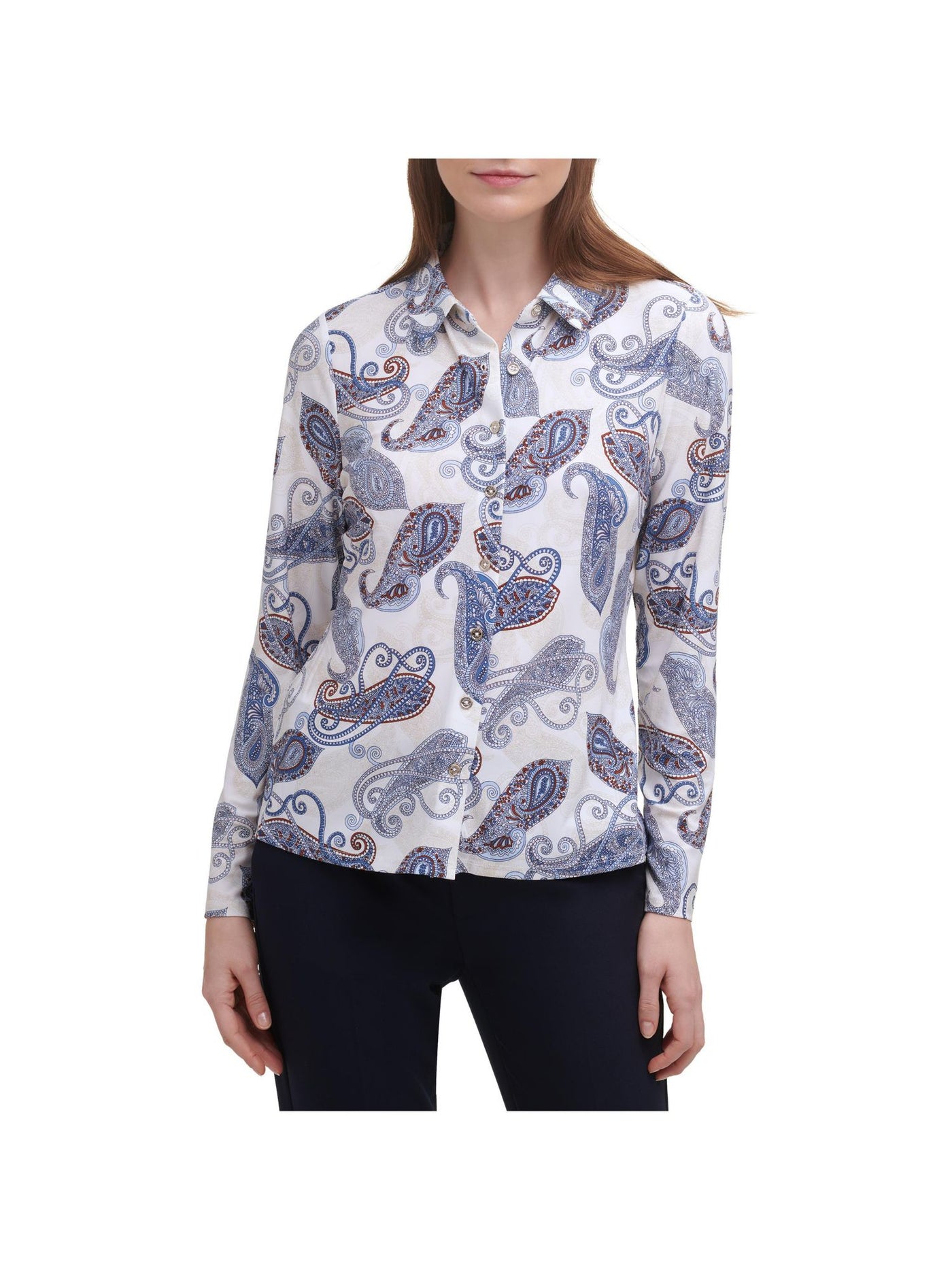TOMMY HILFIGER Womens White Stretch Paisley Long Sleeve Point Collar Wear To Work Button Up Top XS
