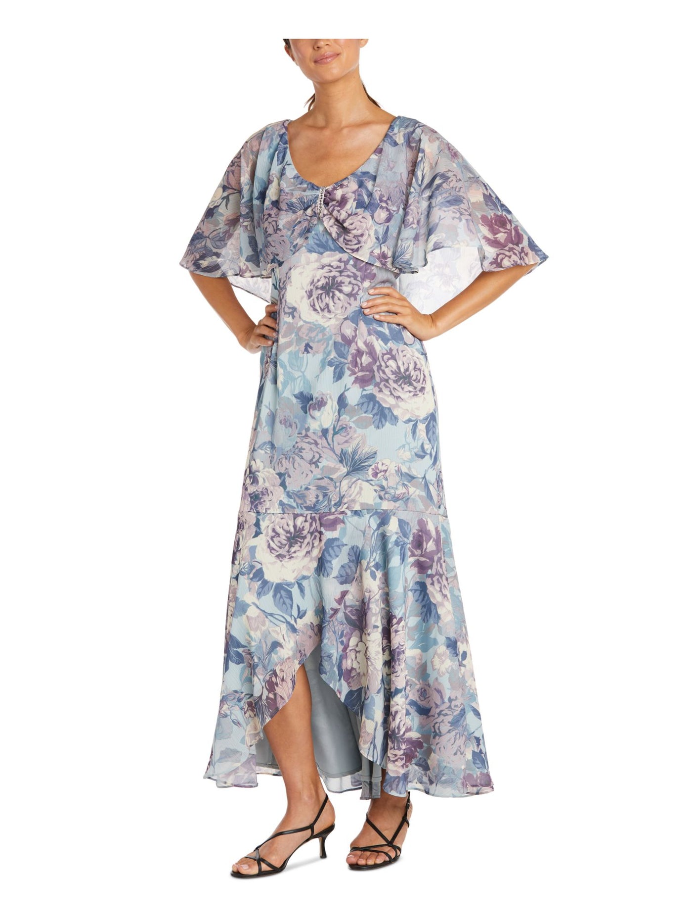R&M RICHARDS Womens Blue Zippered Capelet Floral Sleeveless V Neck Midi Evening Hi-Lo Dress 12