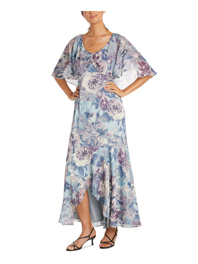 R&M RICHARDS Womens Blue Zippered Capelet Floral Sleeveless V Neck Midi Evening Hi-Lo Dress 12
