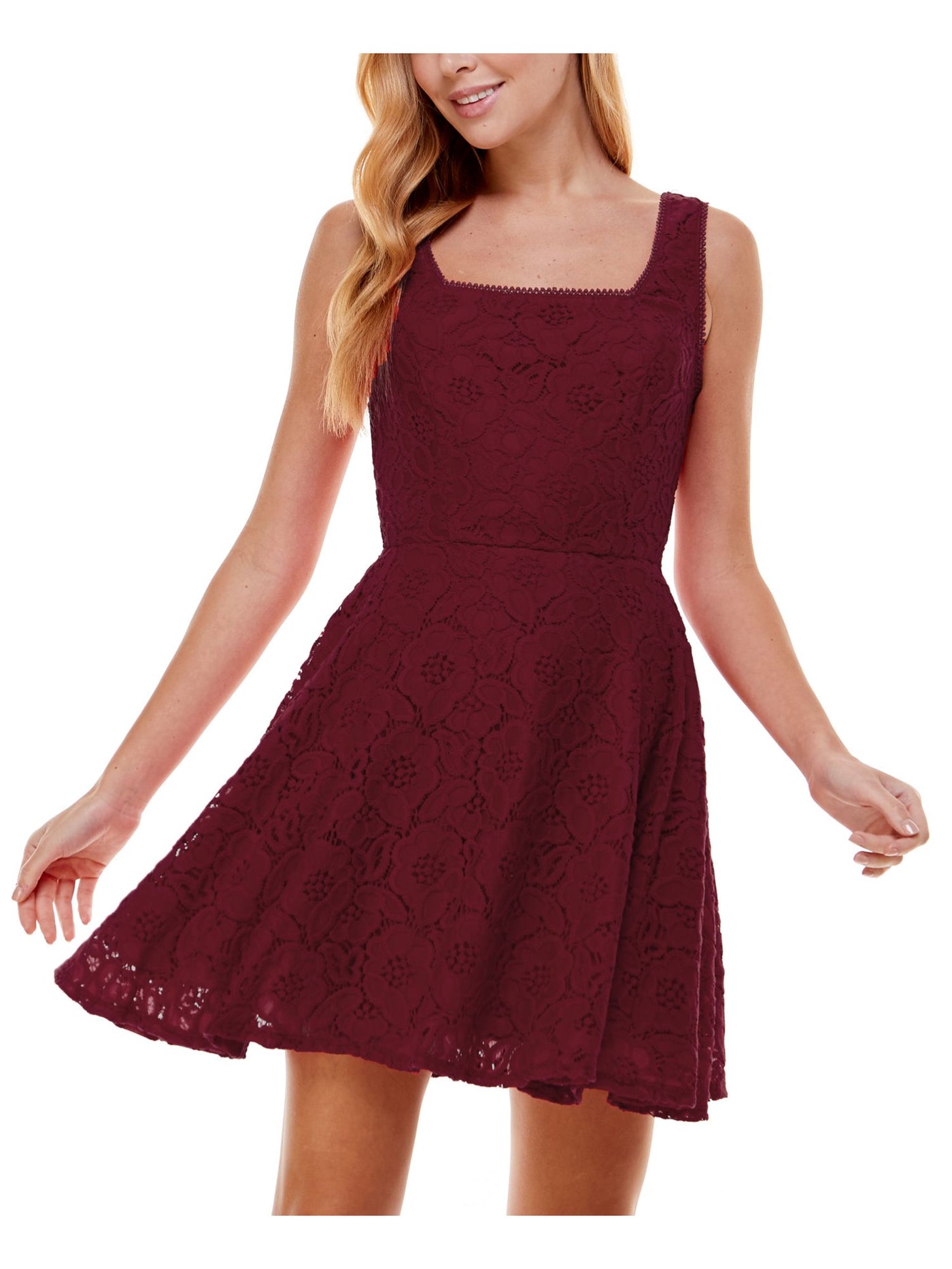 CITY STUDIO Womens Burgundy Lace Zippered Fitted Lined Sleeveless Square Neck Mini Party Fit + Flare Dress Juniors 1