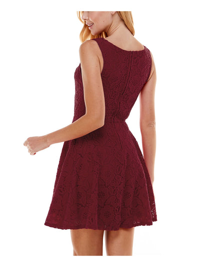 CITY STUDIO Womens Maroon Lace Zippered Fitted Lined Sleeveless Square Neck Mini Party Fit + Flare Dress Juniors 11