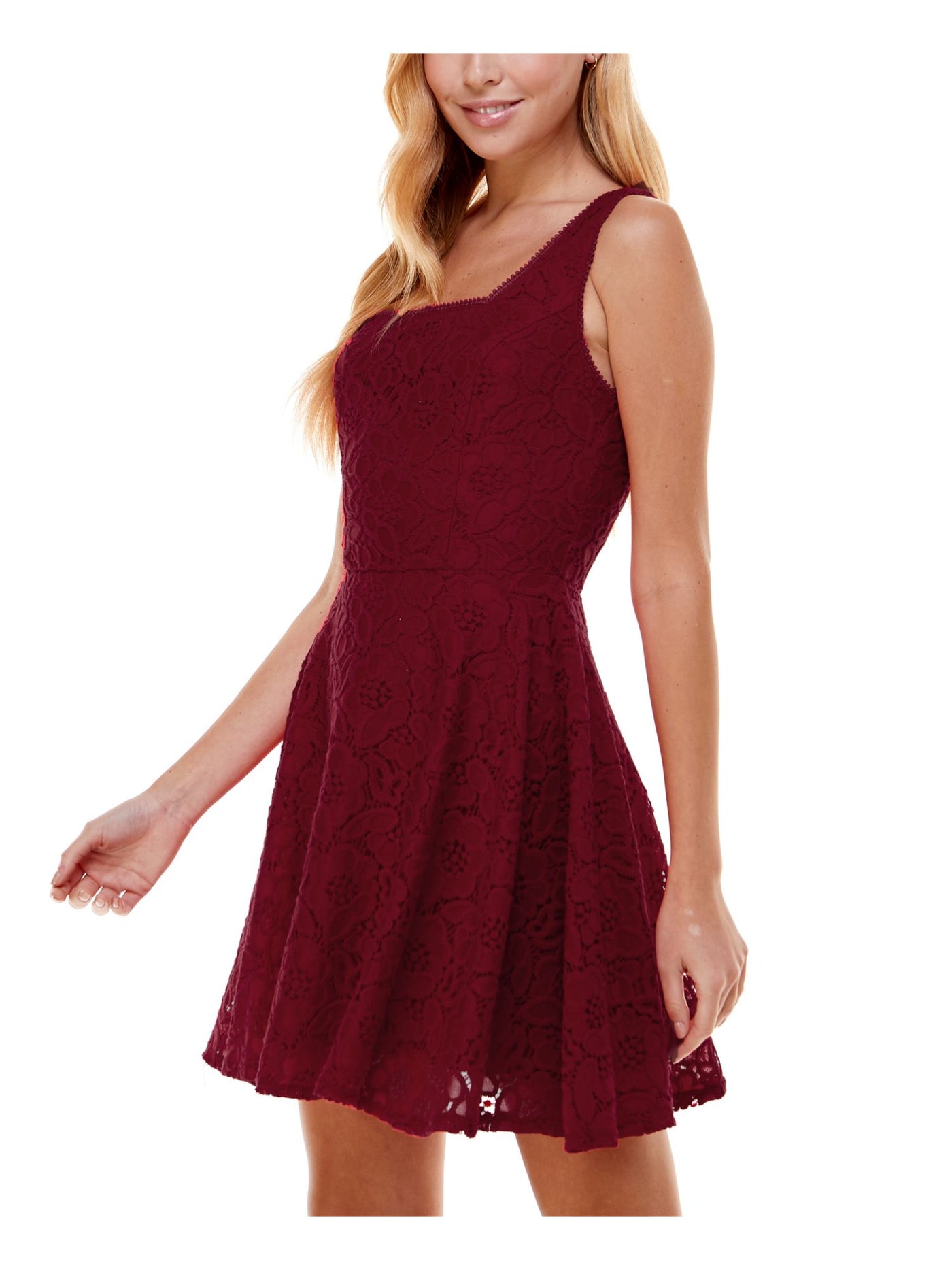 CITY STUDIO Womens Maroon Lace Zippered Fitted Lined Sleeveless Square Neck Mini Party Fit + Flare Dress Juniors 13