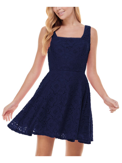 CITY STUDIO Womens Navy Lace Zippered Fitted Lined Sleeveless Square Neck Mini Party Fit + Flare Dress 1