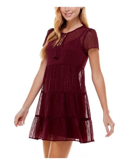 CITY STUDIO Womens Burgundy Ruffled Metallic Sheer Lined Short Sleeve Tie Neck Mini Party Baby Doll Dress L