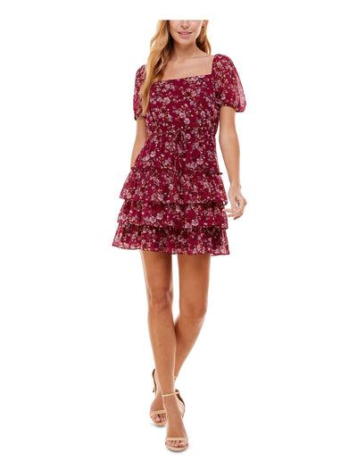 CITY STUDIO Womens Burgundy Tie Floral Pouf Sleeve Square Neck Above The Knee Party Fit + Flare Dress Juniors XXS