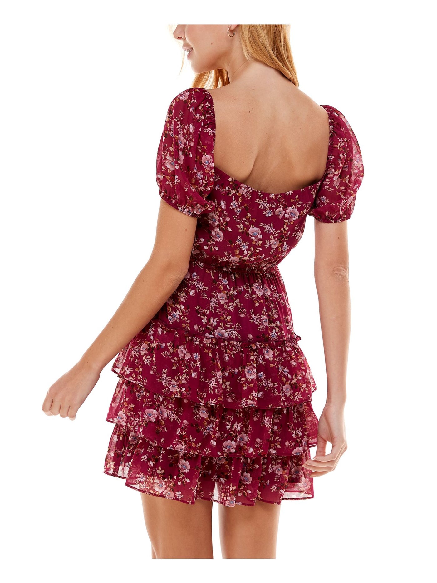 CITY STUDIO Womens Burgundy Tie Floral Pouf Sleeve Square Neck Above The Knee Party Fit + Flare Dress XXS