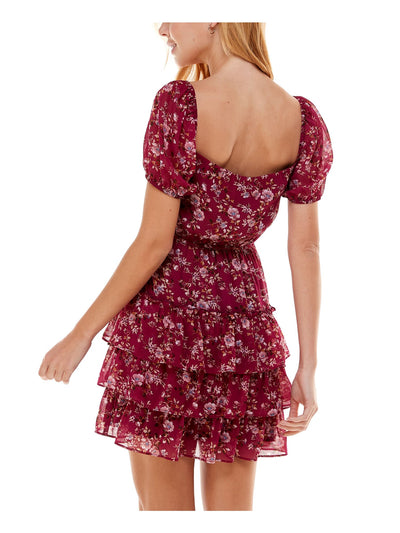 CITY STUDIO Womens Burgundy Tie Floral Pouf Sleeve Square Neck Above The Knee Party Fit + Flare Dress XXS