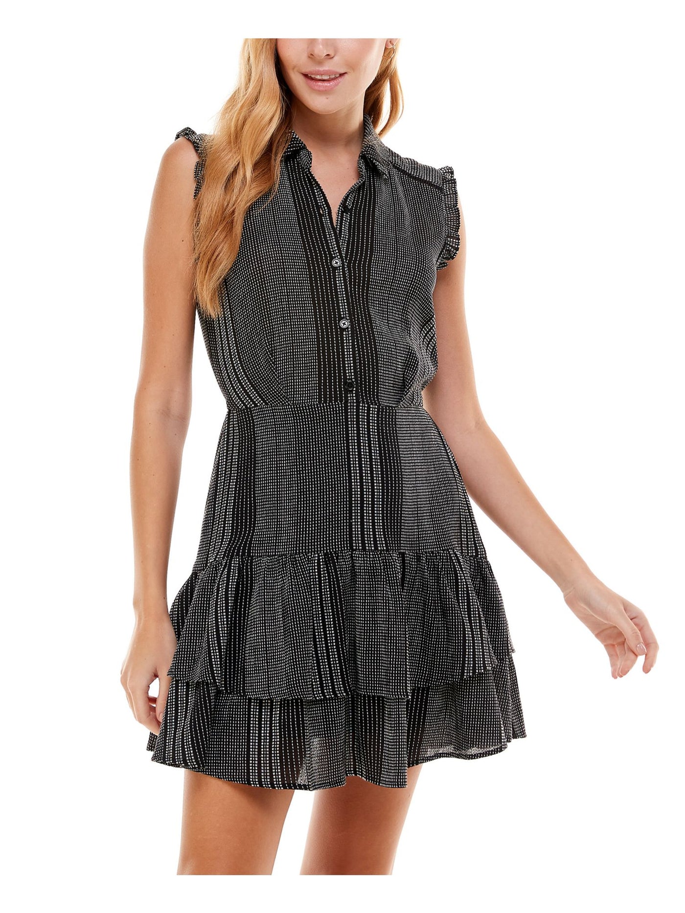 CITY STUDIO Womens Black Ruffled Button Front Striped Sleeveless Collared Mini Fit + Flare Dress Juniors XL