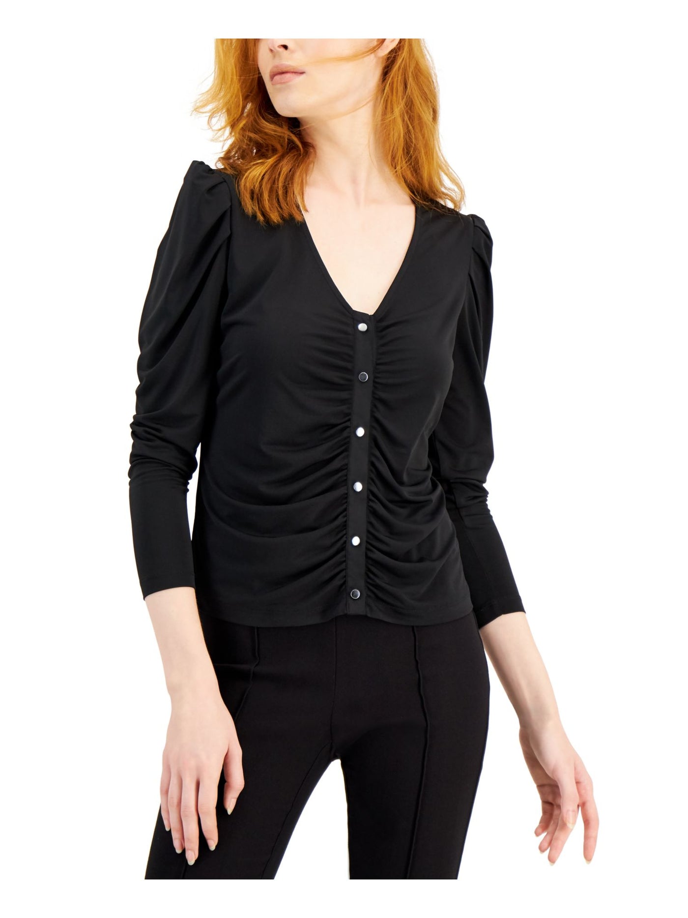 STUDIO BY JPR Womens Black Ruched Sheer Unlined Pouf Sleeve V Neck Wear To Work Button Up Top S