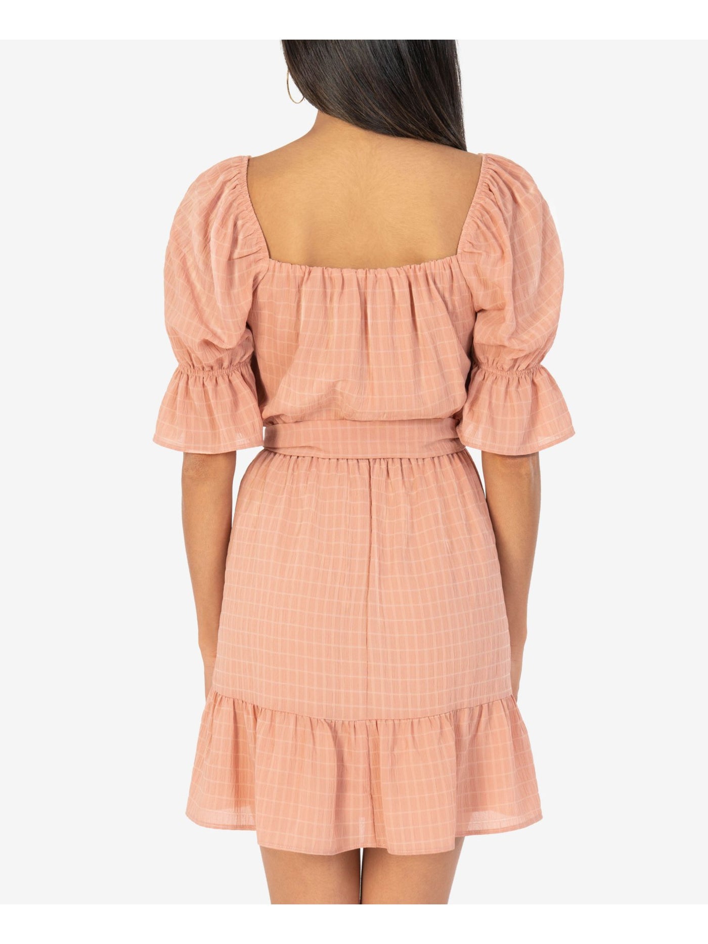 SPEECHLESS Womens Pink Stretch Ruffled Belted Semi-sheer Lined Pouf Sleeve Square Neck Mini Party Fit + Flare Dress Juniors XXS