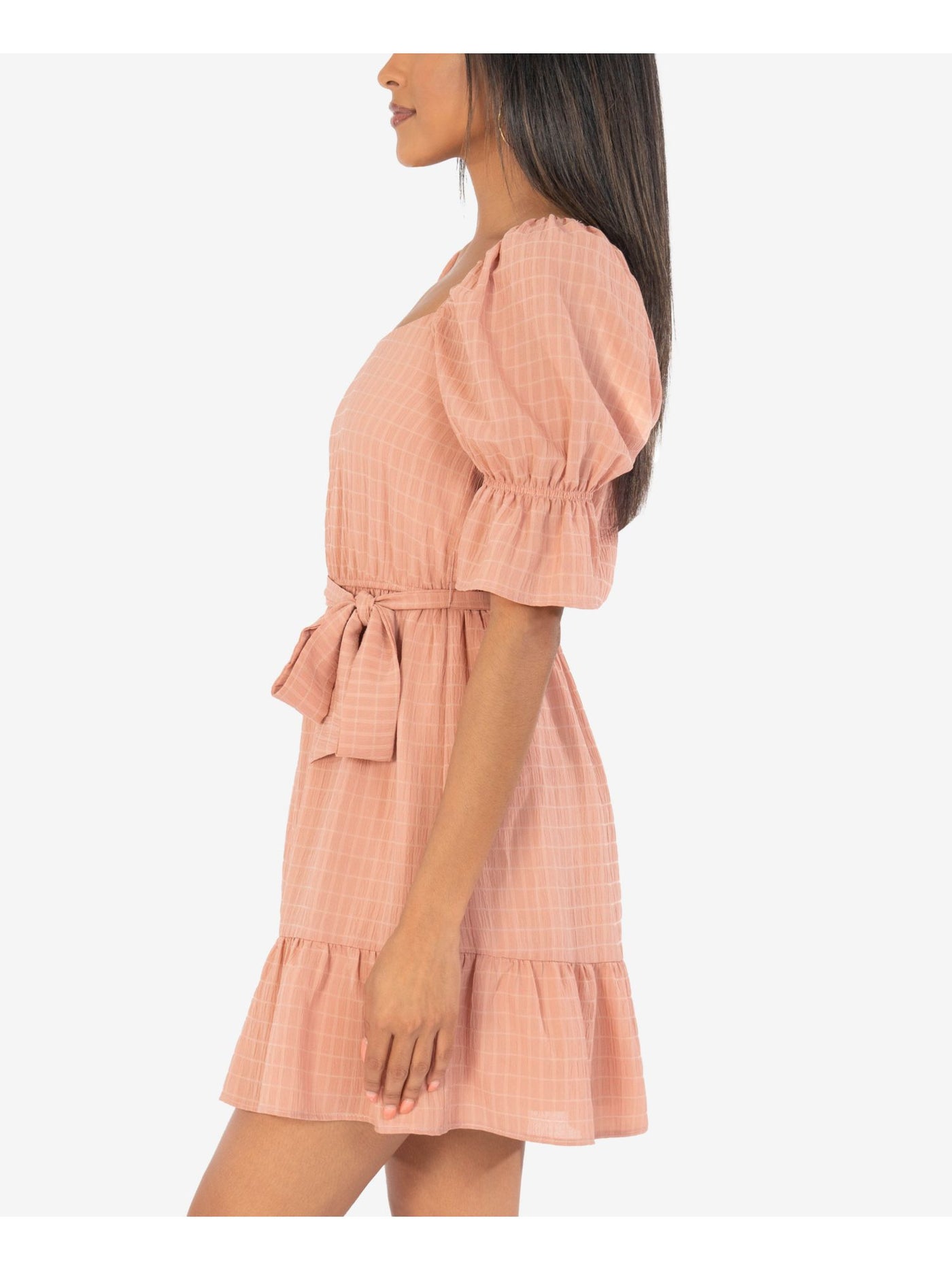 SPEECHLESS Womens Pink Stretch Ruffled Belted Semi-sheer Lined Pouf Sleeve Square Neck Mini Party Fit + Flare Dress Juniors L
