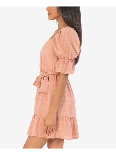 SPEECHLESS Womens Pink Stretch Ruffled Belted Semi-sheer Lined Pouf Sleeve Square Neck Mini Party Fit + Flare Dress XXS