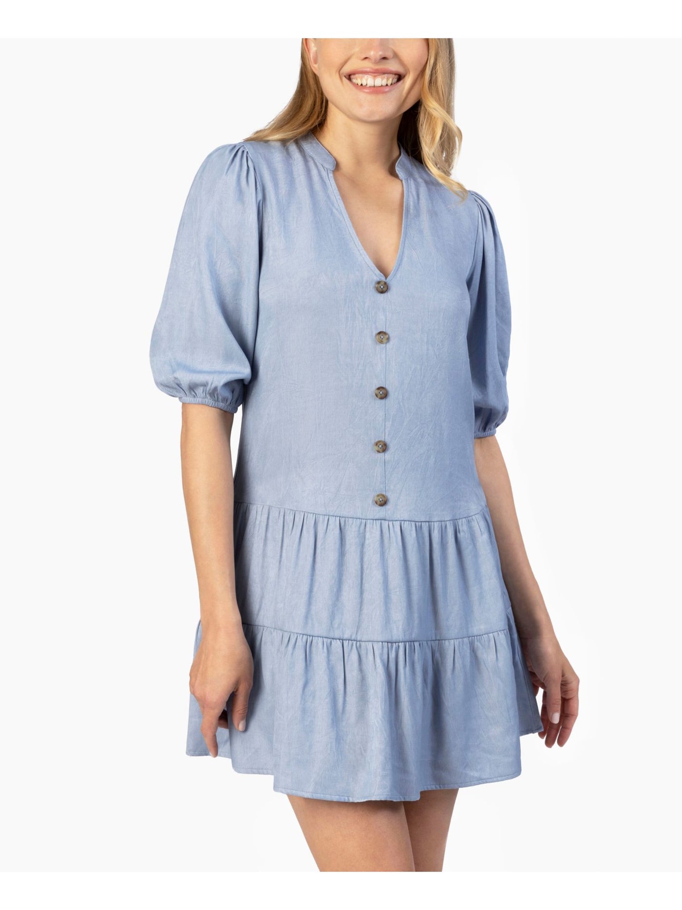 SPEECHLESS Womens Light Blue Pleated Ruffled Tiered Button-front Pouf Sleeve V Neck Mini Shirt Dress XS