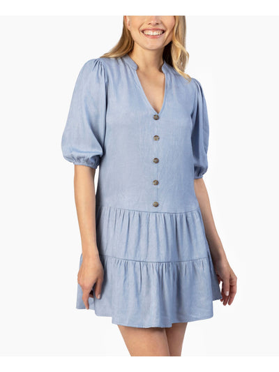SPEECHLESS Womens Light Blue Pleated Ruffled Tiered Button-front Pouf Sleeve V Neck Mini Shirt Dress Juniors XS