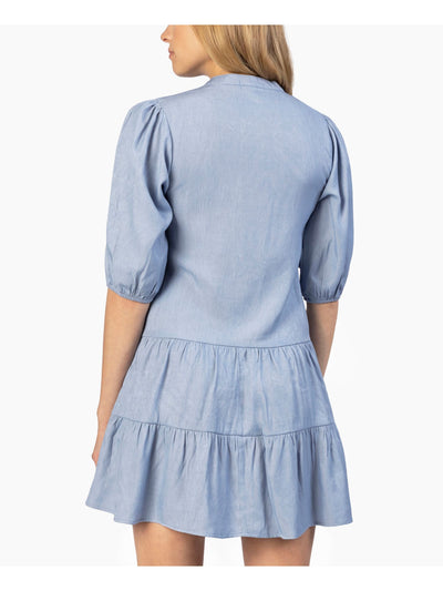 SPEECHLESS Womens Light Blue Pleated Ruffled Tiered Button-front Pouf Sleeve V Neck Mini Shirt Dress M