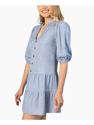SPEECHLESS Womens Light Blue Pleated Ruffled Tiered Button-front Pouf Sleeve V Neck Mini Shirt Dress Juniors S