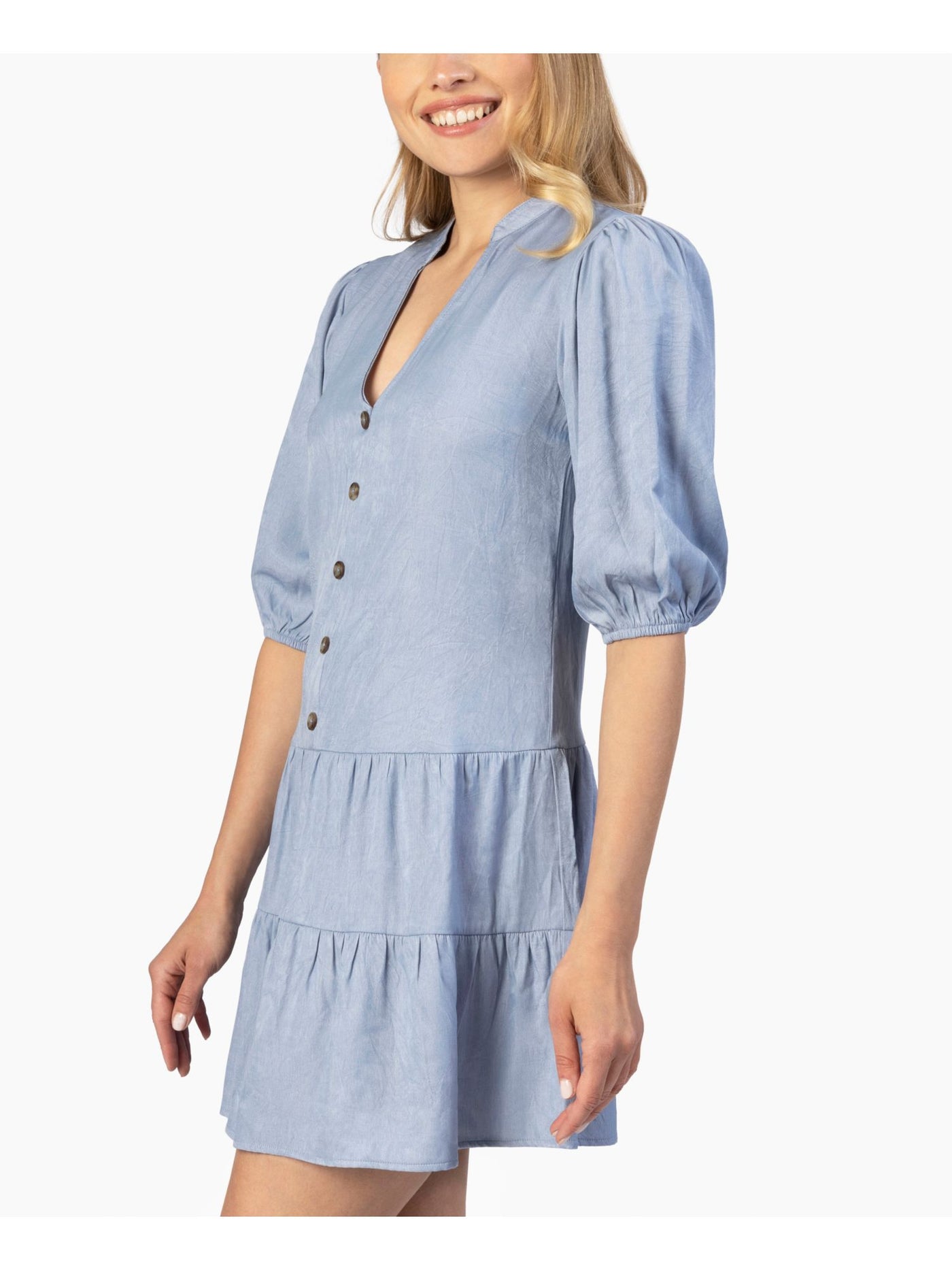 SPEECHLESS Womens Light Blue Pleated Ruffled Tiered Button-front Pouf Sleeve V Neck Mini Shirt Dress Juniors M