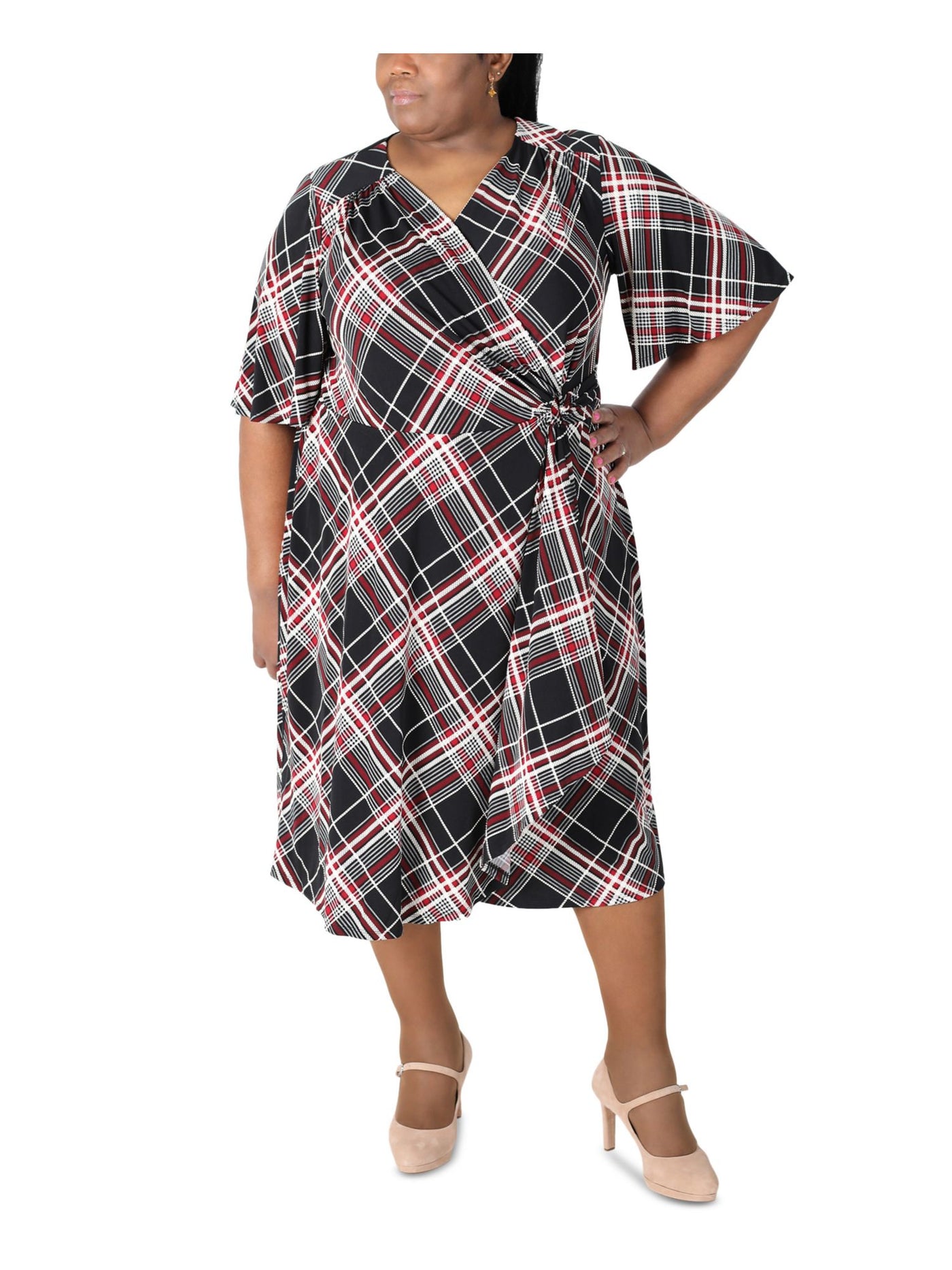 SIGNATURE BY ROBBIE BEE Womens Black Stretch Ruched D-ring Closure At Side Waist Plaid Flutter Sleeve Surplice Neckline Midi Wear To Work Faux Wrap Dress Plus 3X