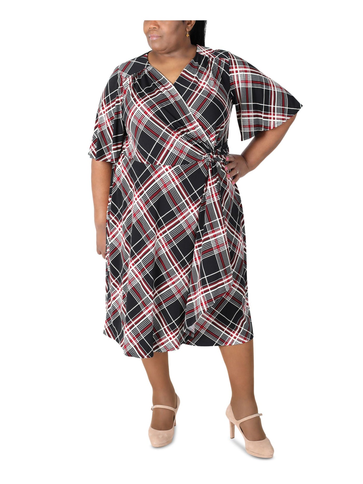 SIGNATURE BY ROBBIE BEE Womens Black Stretch Ruched D-ring Closure At Side Waist Plaid Flutter Sleeve Surplice Neckline Midi Wear To Work Faux Wrap Dress Plus 2X