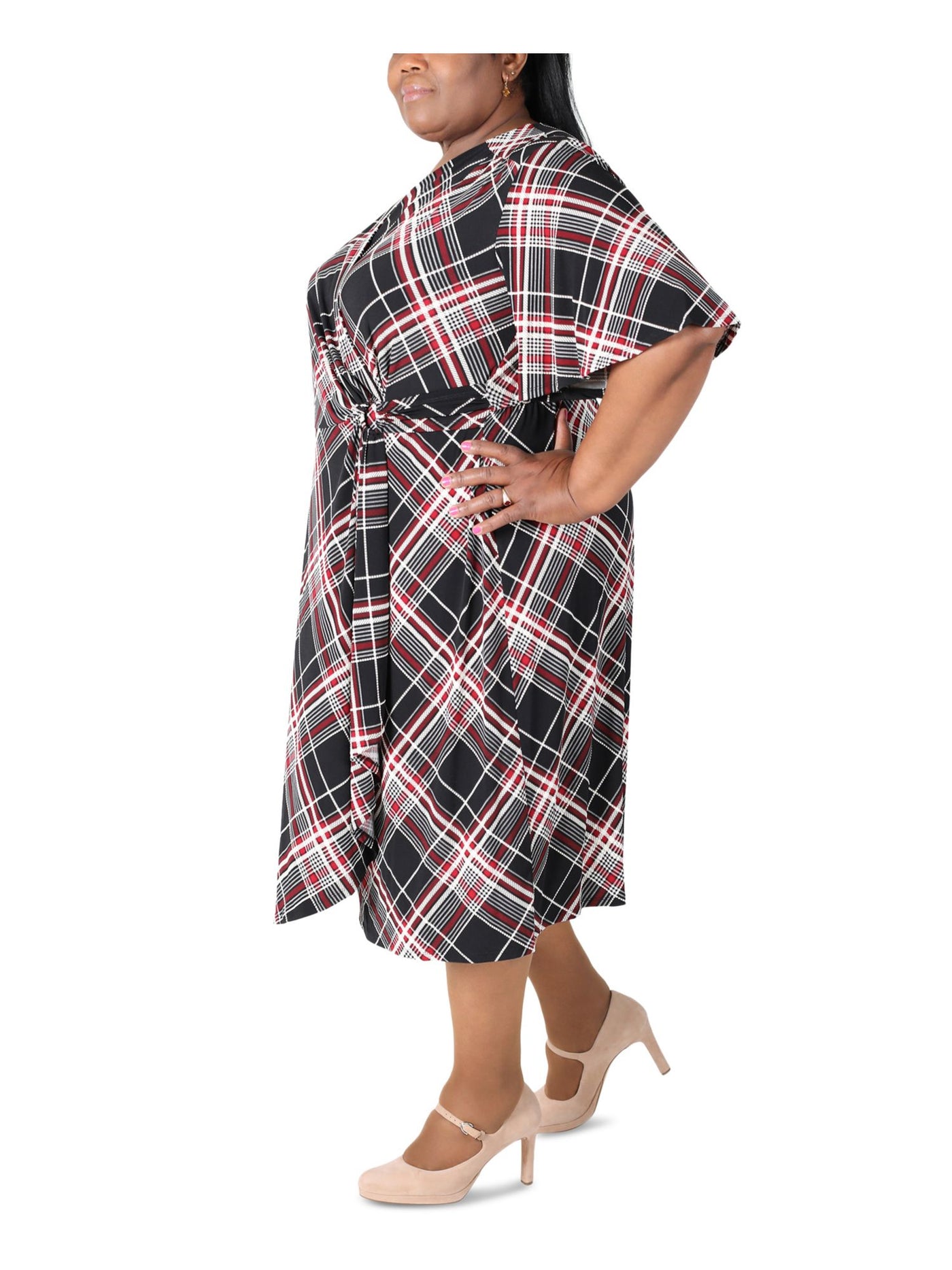 SIGNATURE BY ROBBIE BEE Womens Black Stretch Ruched D-ring Closure At Side Waist Plaid Flutter Sleeve Surplice Neckline Midi Wear To Work Faux Wrap Dress Plus 2X