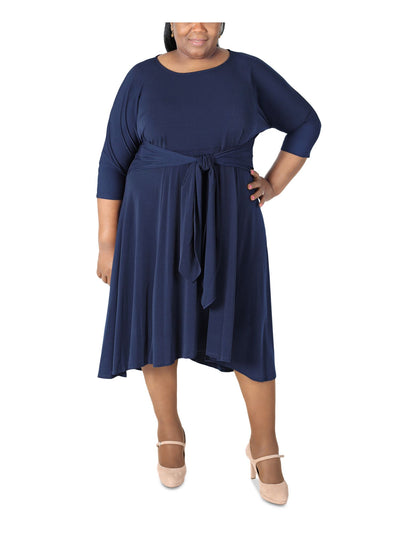 SIGNATURE BY ROBBIE BEE Womens Navy Stretch 3/4 Sleeve Round Neck Midi Wear To Work Fit + Flare Dress Plus 3X