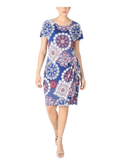 SIGNATURE BY ROBBIE BEE Womens Blue Stretch Textured Tie Printed Short Sleeve Jewel Neck Above The Knee Wear To Work Faux Wrap Dress Petites PS