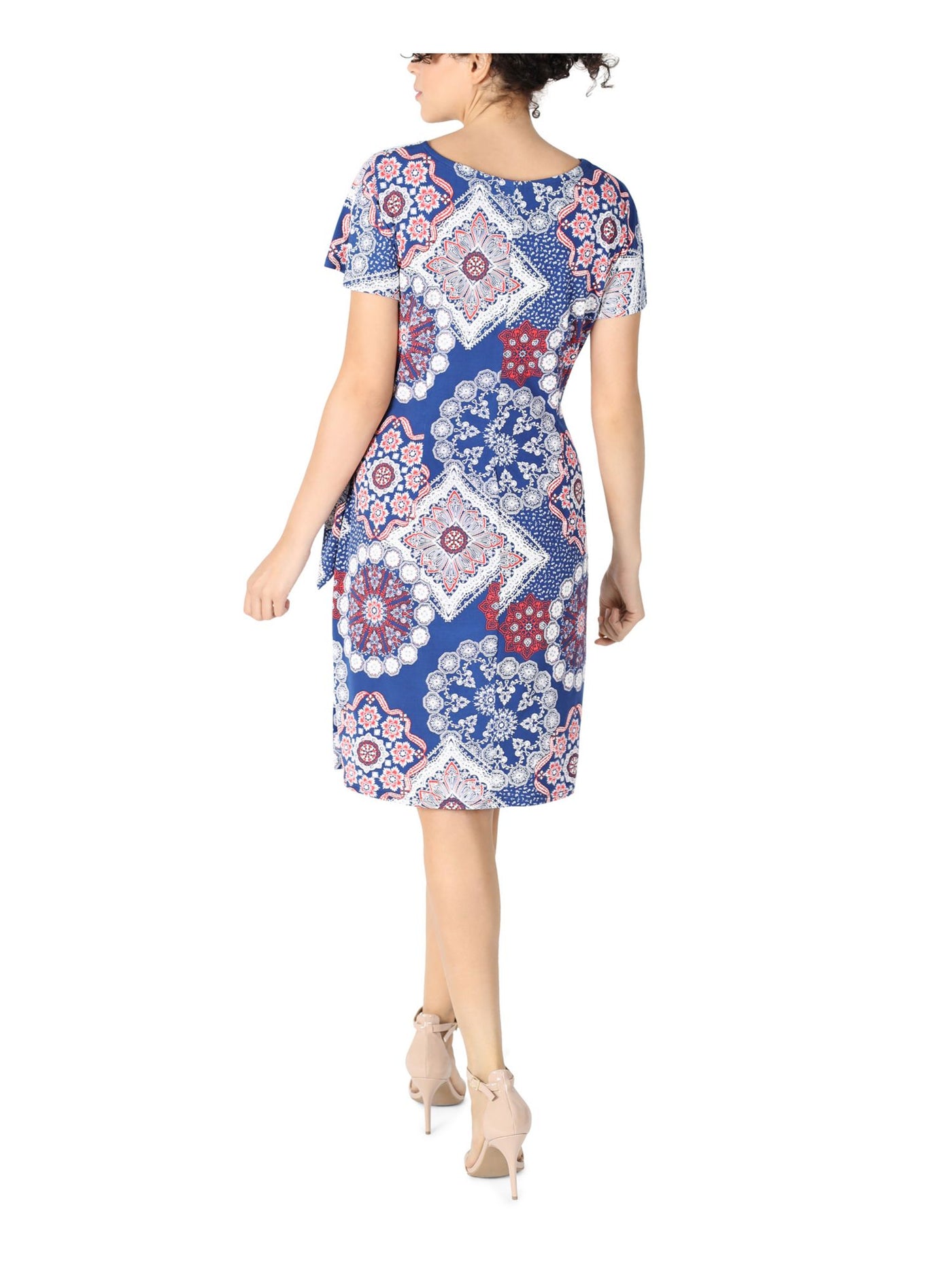 SIGNATURE BY ROBBIE BEE Womens Blue Stretch Textured Tie Printed Short Sleeve Jewel Neck Above The Knee Wear To Work Faux Wrap Dress Petites PS