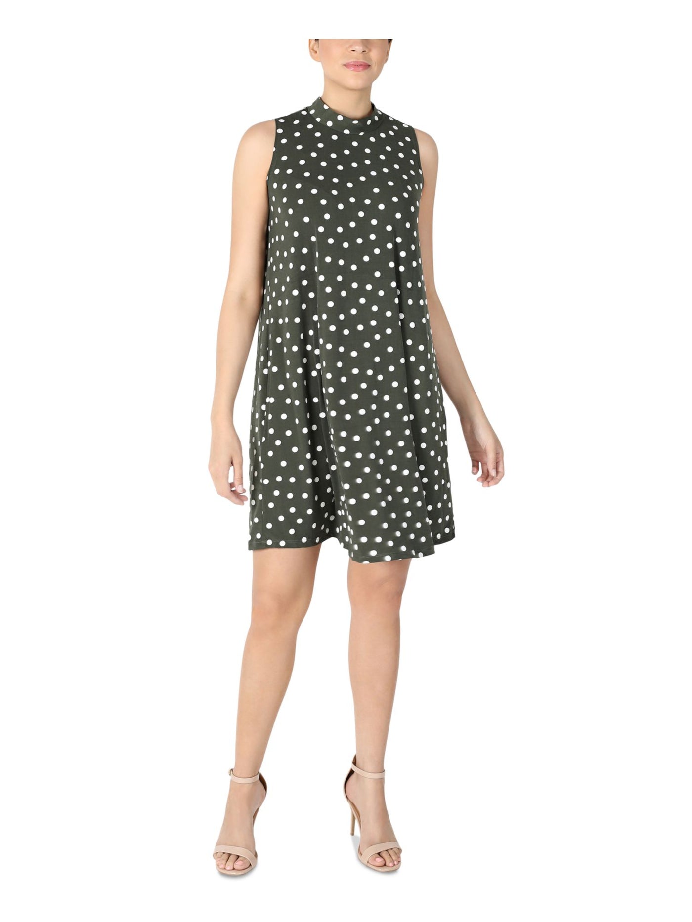 SIGNATURE BY ROBBIE BEE Womens Green Stretch Polka Dot Sleeveless Mock Neck Above The Knee Party Shift Dress Petites PS