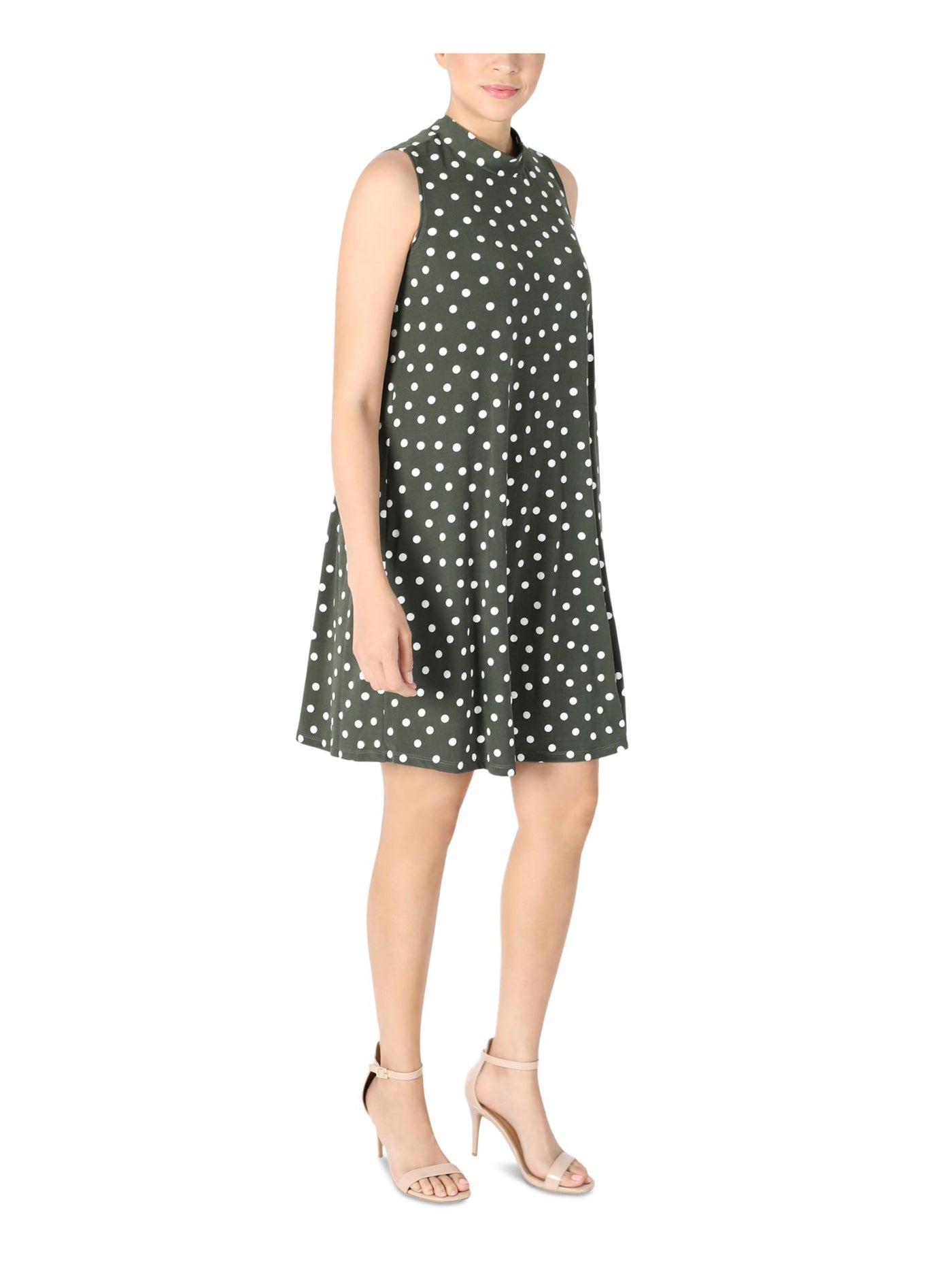 SIGNATURE BY ROBBIE BEE Womens Green Stretch Polka Dot Sleeveless Mock Neck Above The Knee Party Shift Dress Petites PS