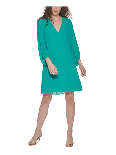 ELIZA J Womens Stretch Zippered Shirred Chiffon Blouson Sleeve V Neck Above The Knee Party Shift Dress