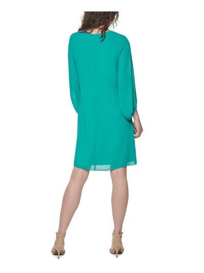 ELIZA J Womens Green Stretch Zippered Shirred Chiffon Blouson Sleeve V Neck Above The Knee Party Shift Dress 4