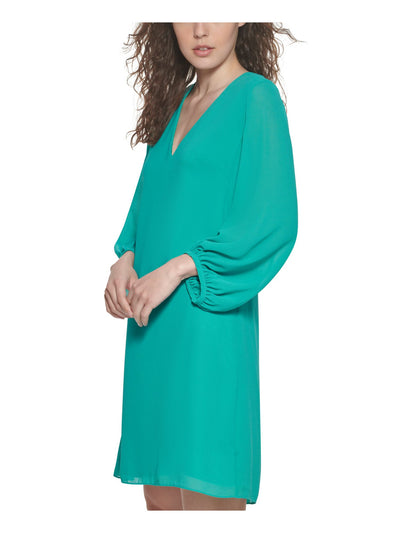 ELIZA J Womens Stretch Zippered Shirred Chiffon Blouson Sleeve V Neck Above The Knee Party Shift Dress