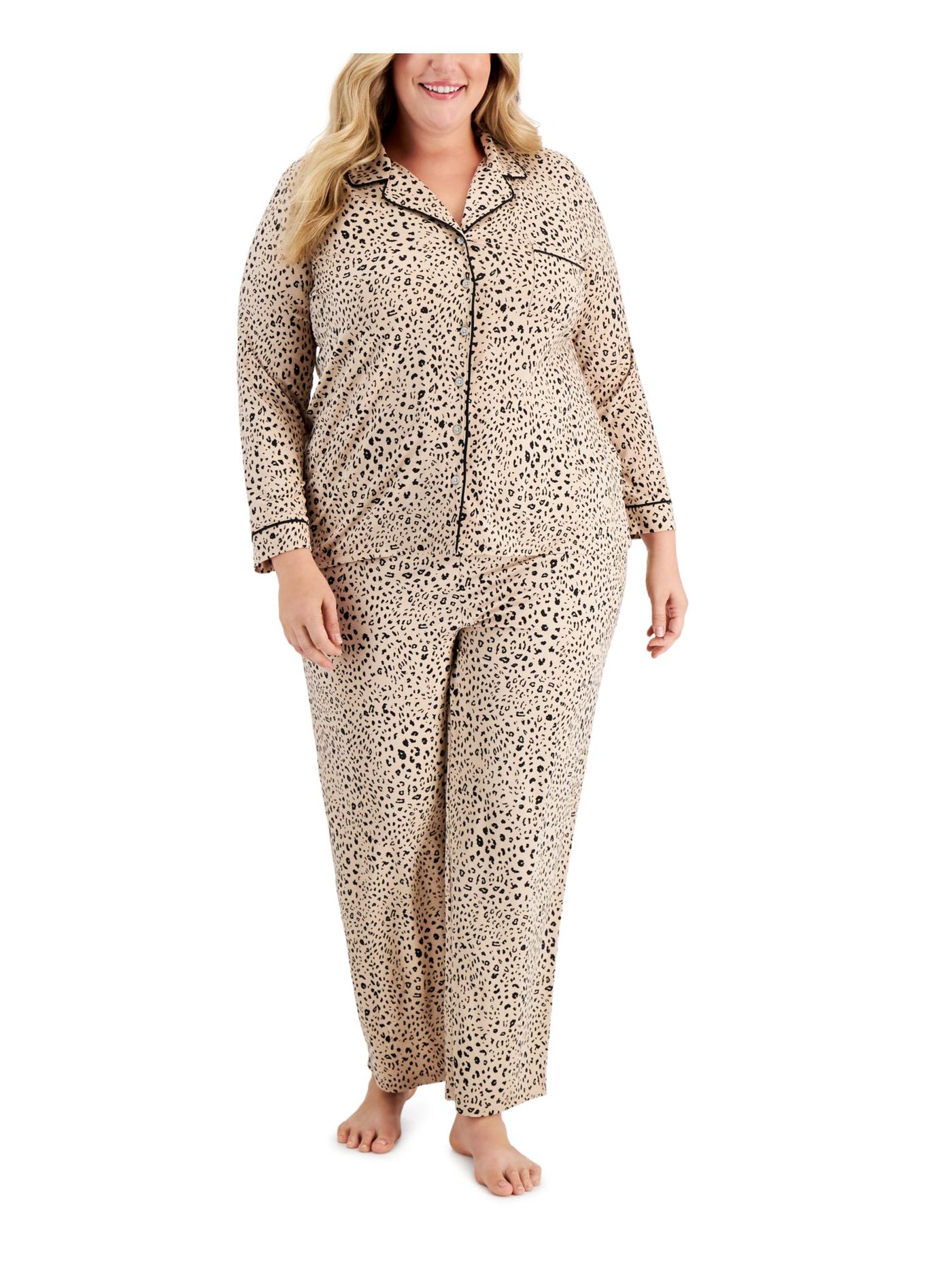 ALFANI Womens Beige Animal Print Elastic Band Button Up Top Straight leg Pants Pajamas Plus 3X