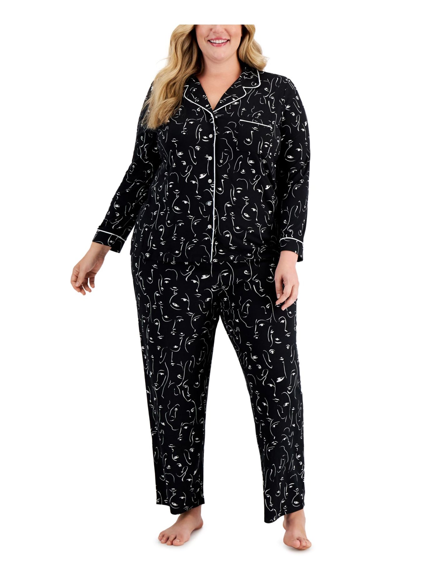 ALFANI Womens Black Printed Elastic Band Long Sleeve Button Up Top Straight leg Pants Pajamas Plus 1X