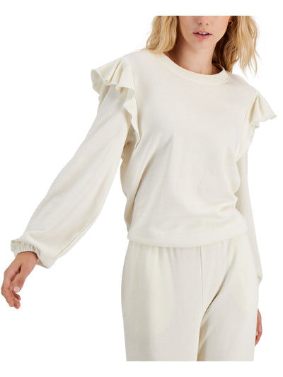 INC Womens Ivory Ruffled Long Sleeve Crew Neck Sweater XS