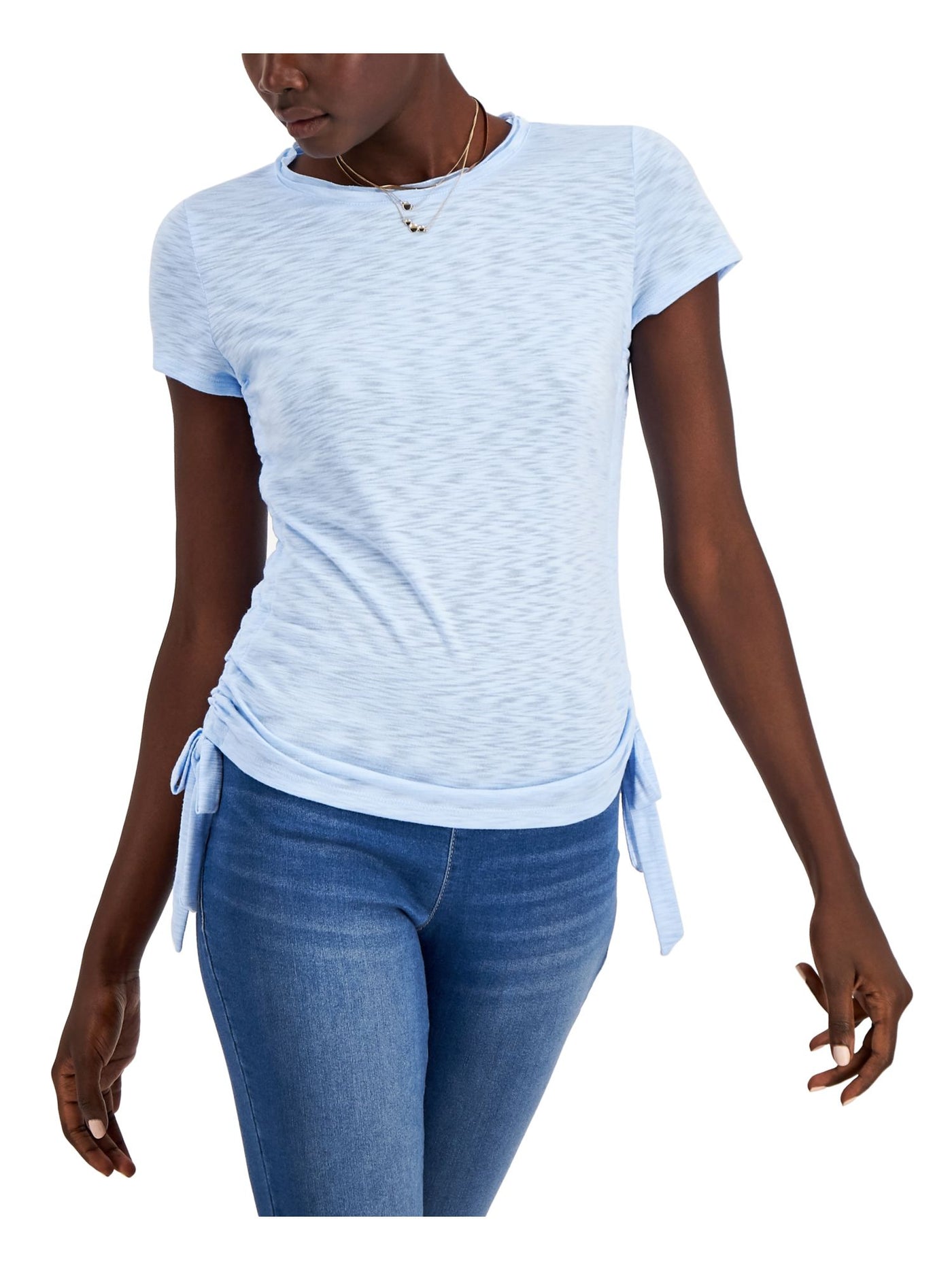 INC Womens Light Blue Stretch Ruched Side-ties Heather Short Sleeve Crew Neck T-Shirt XS