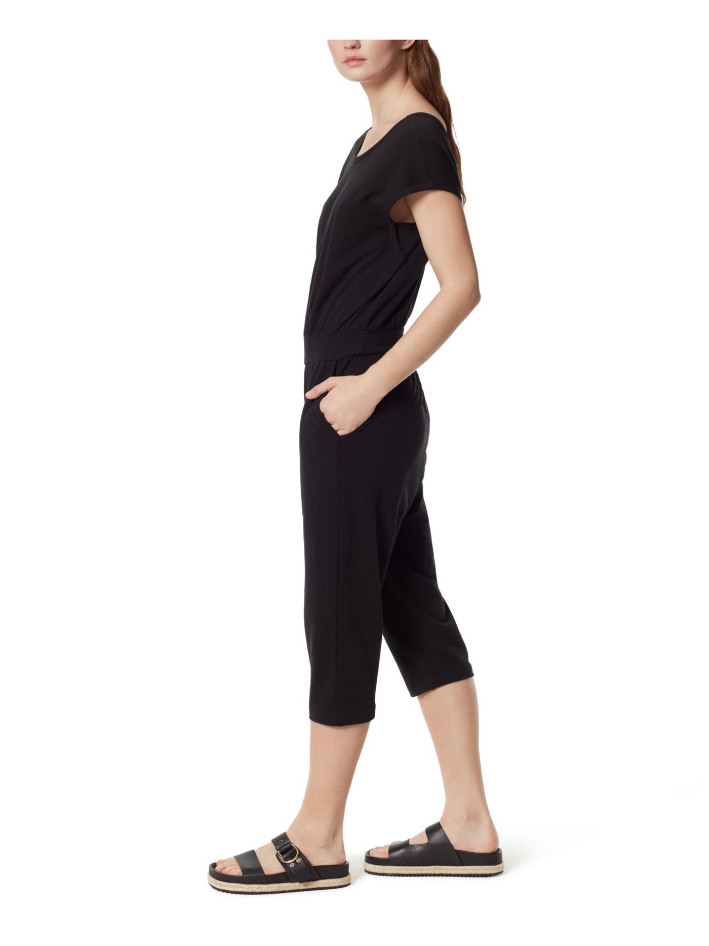 FRAYED JEANS Womens Black Short Sleeve Scoop Neck Capri Jumpsuit S