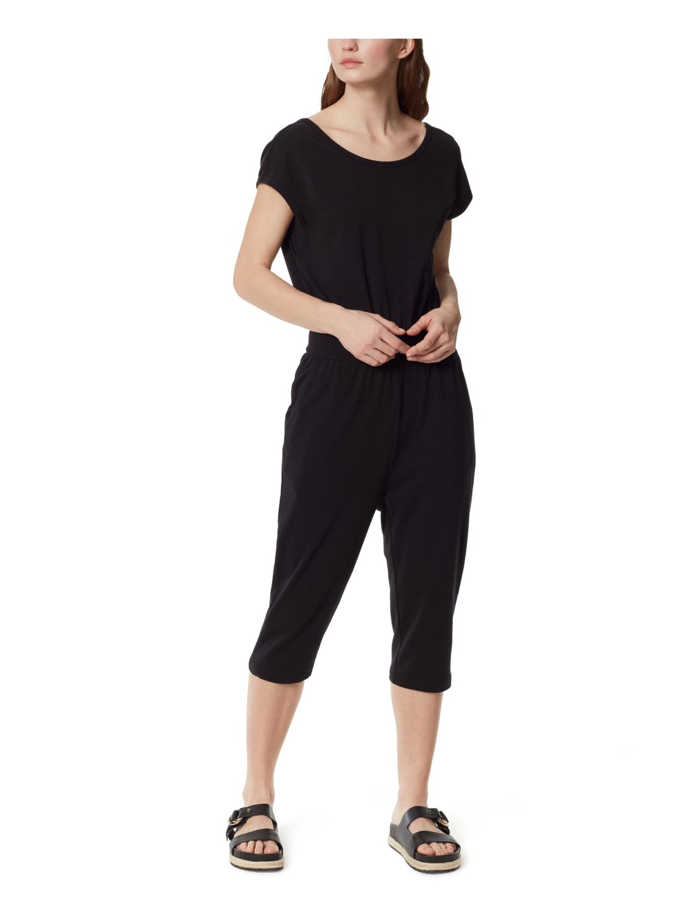 FRAYED JEANS Womens Black Short Sleeve Scoop Neck Capri Jumpsuit S