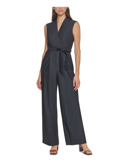 CALVIN KLEIN Womens Gray Stretch Zippered Pocketed Belted Pleated Sleeveless Surplice Neckline Wide Leg Jumpsuit 8