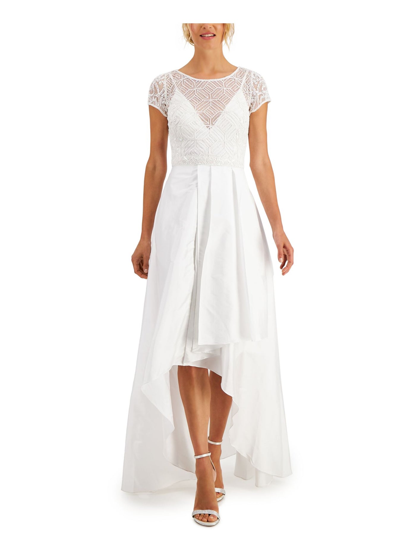 JKARA Womens White Zippered Beaded Overlay Lined Sleeveless V Neck Full-Length Evening Hi-Lo Dress L